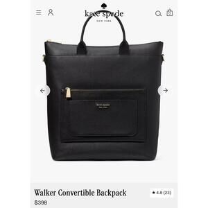 $398 NWT Kate Spade Black Walker Convertible Black Leather Backpack Laptop Bag